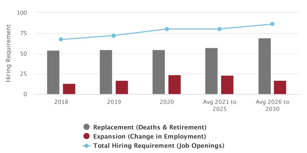 A bar a line graph showing hiring requirements from 2018 to 2030, with replacement (gray), expansion (red), and total job openings (blue line).